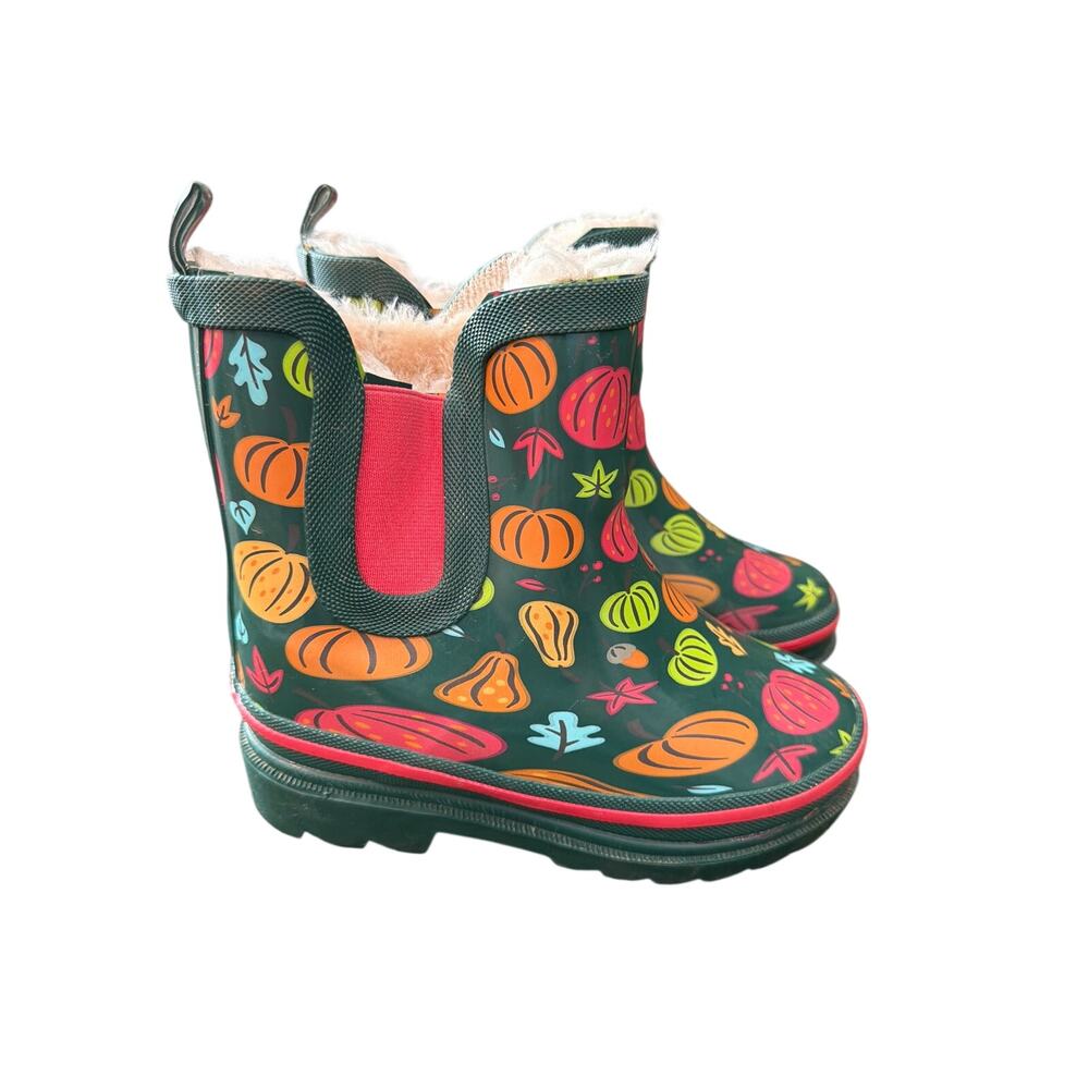 Lily & Dan girls size 9/10 fleece lined rubber boots with fall leaves
